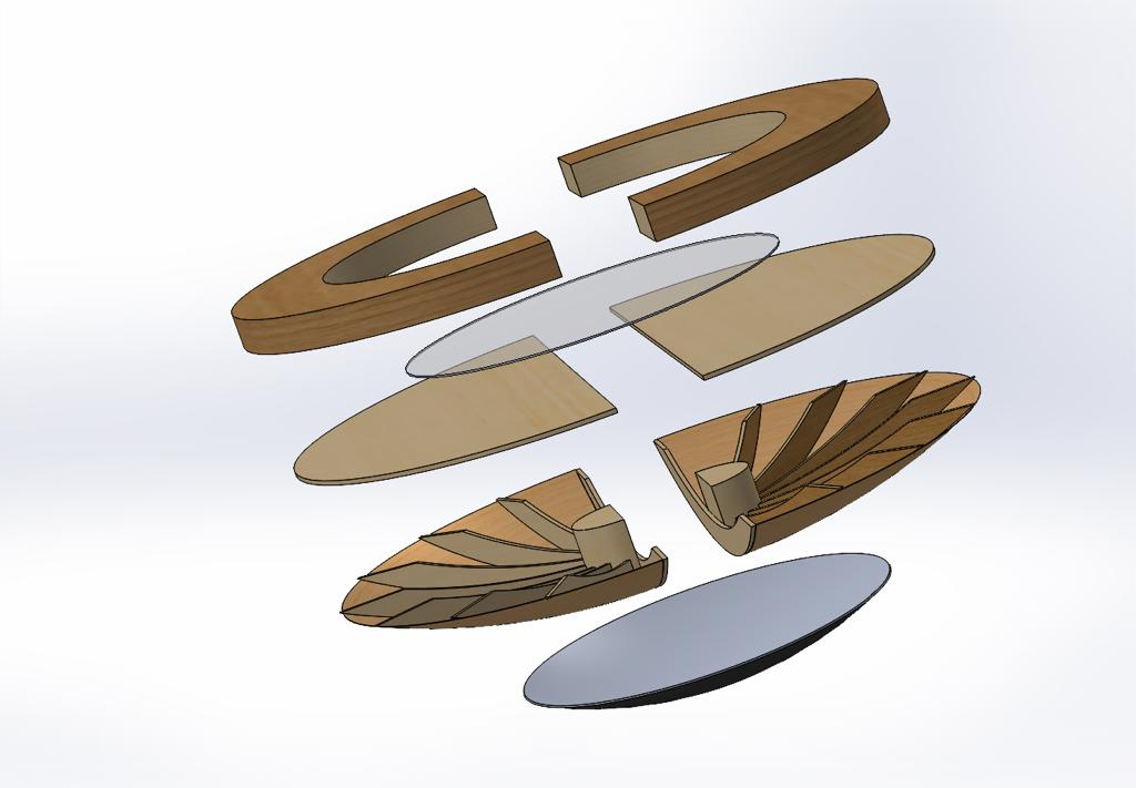 Exploded SolidWorks assembly showing the layered wooden components