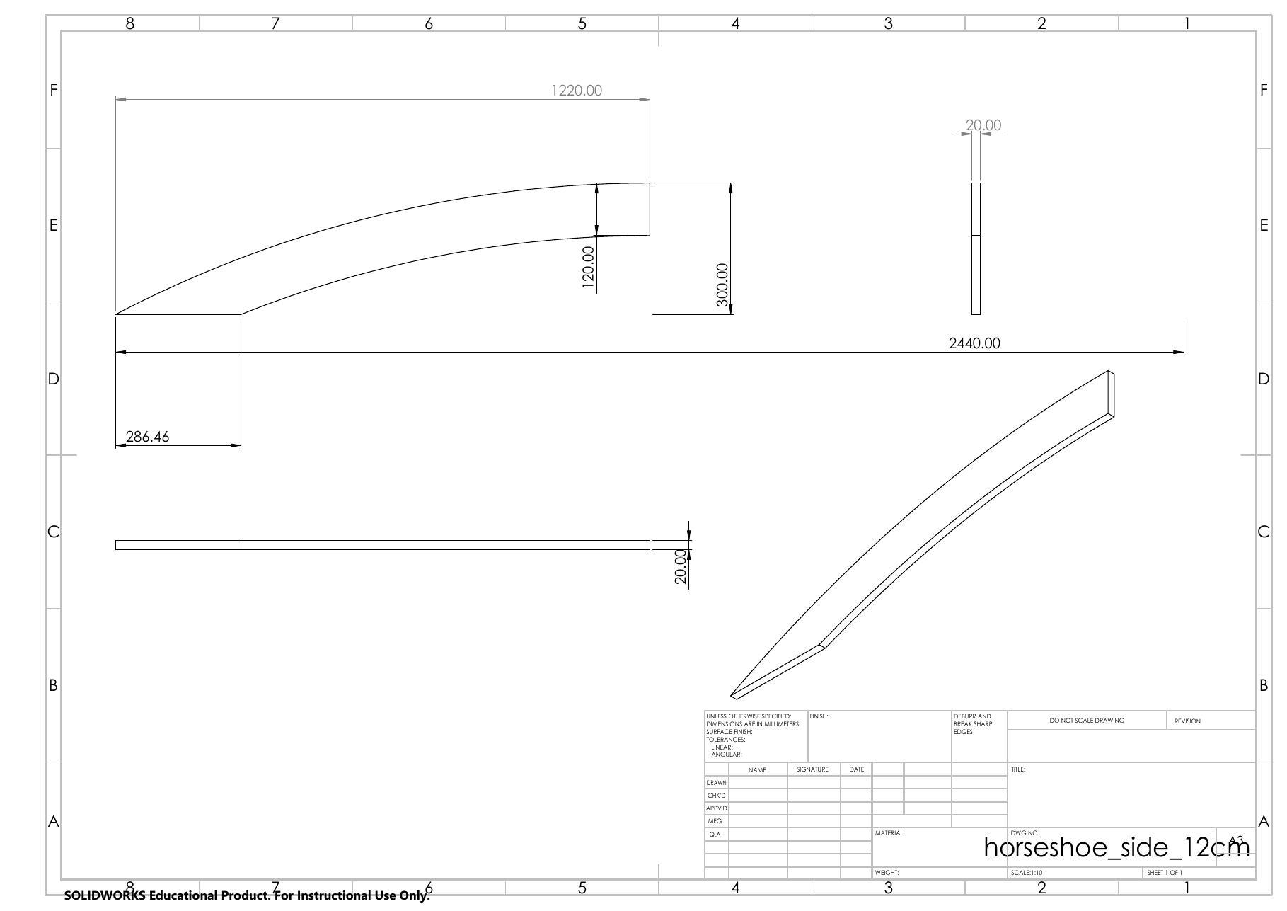 Dimensioned SolidWorks fabrication drawing for a curved wooden component