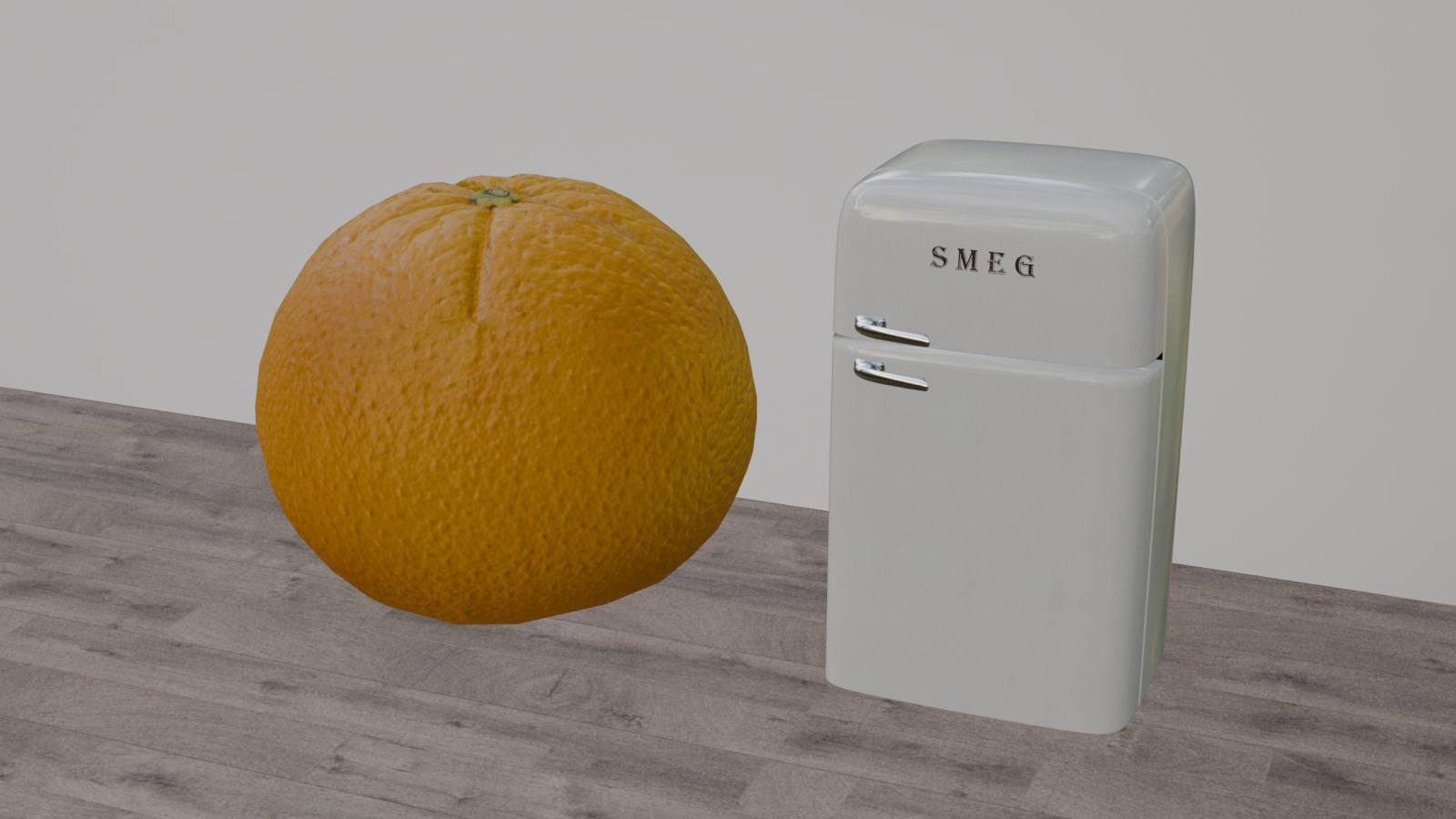 A controlled Blender render showing an orange larger than a refrigerator