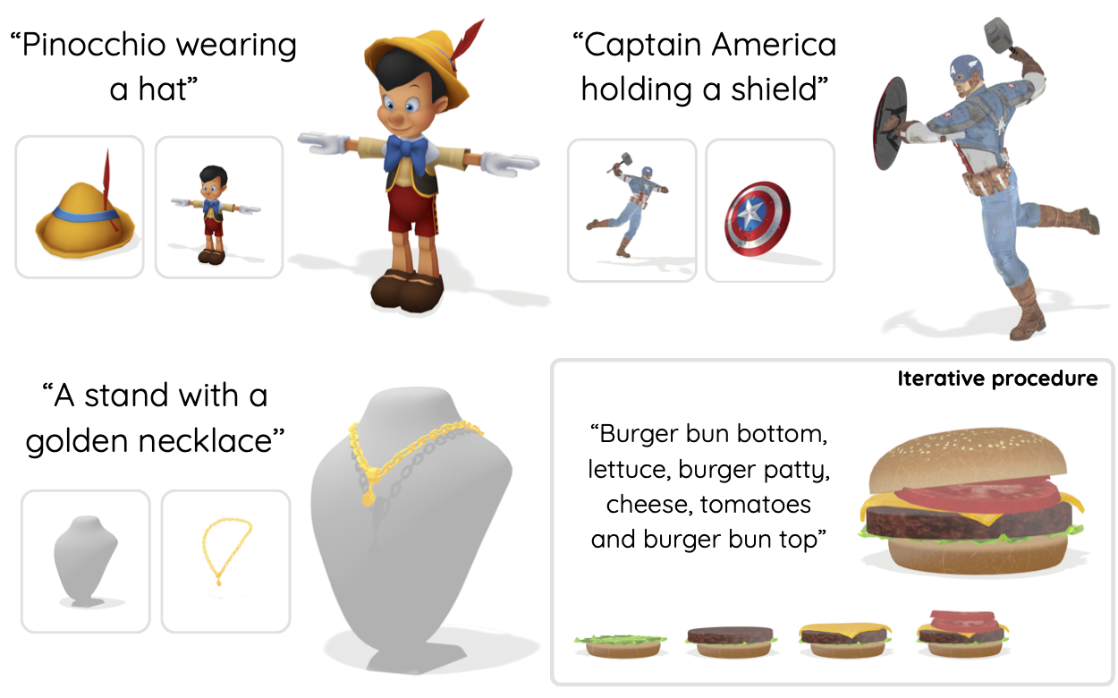 Copy-Transform-Paste examples aligning 3D object pairs from text prompts